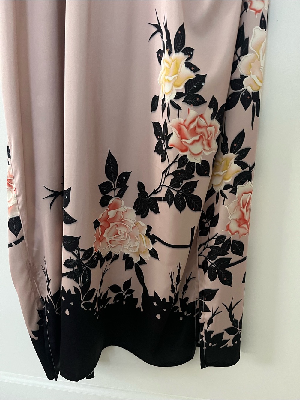Long Floral Satin Kimono Robe - Pink - Picture 6 of 7